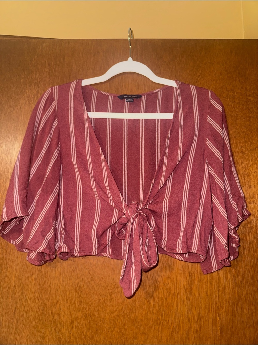 American Eagle Outfitters Rose-Mauve and White Striped Tie-Front Crop Top